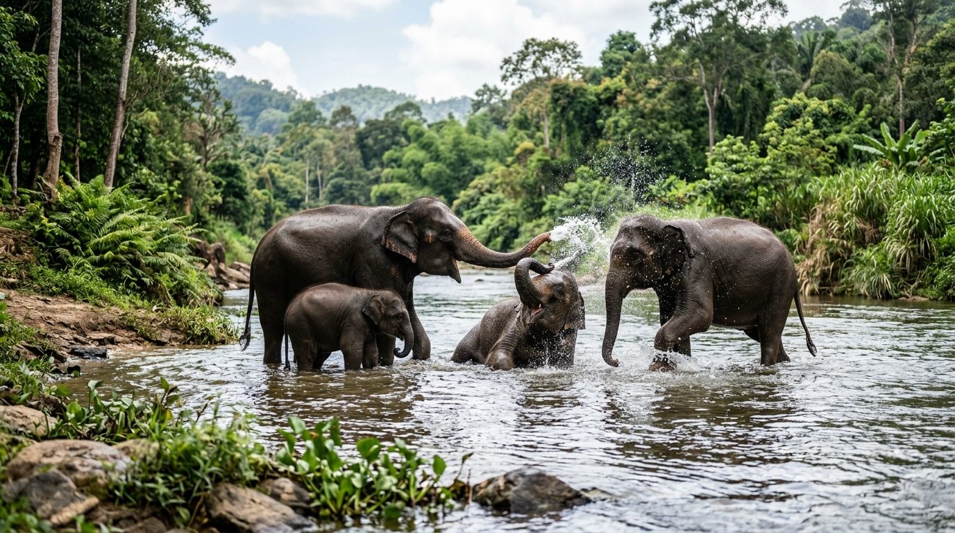Wild Elephant Family Bathing in Jungle River